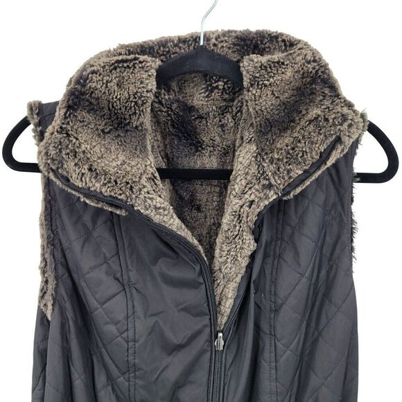 Reversible Womens Giacca Gray Vegan Faux Fur Vest Black Quilted Vest Sz L Pocket - Picture 5 of 16